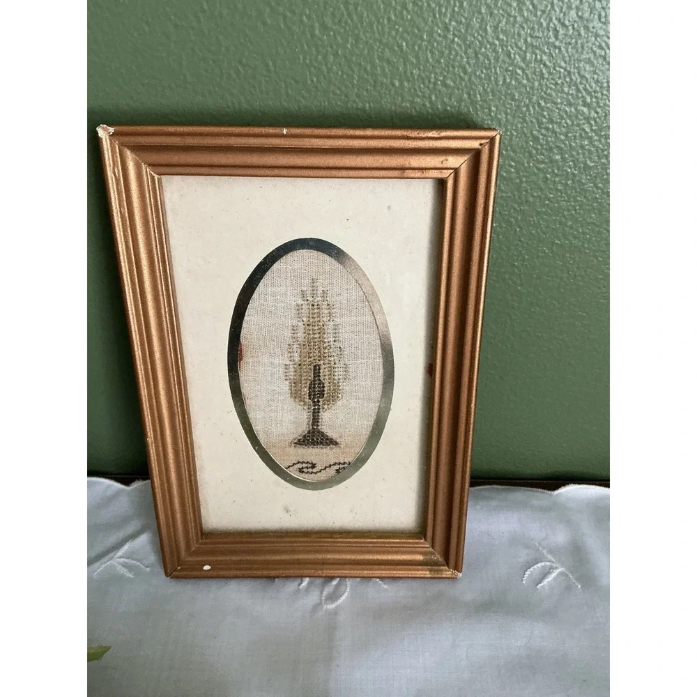 Vintage Framed Cross Stitch Embroidery Tree Candle Folk Art Gold Frame‎ Signed